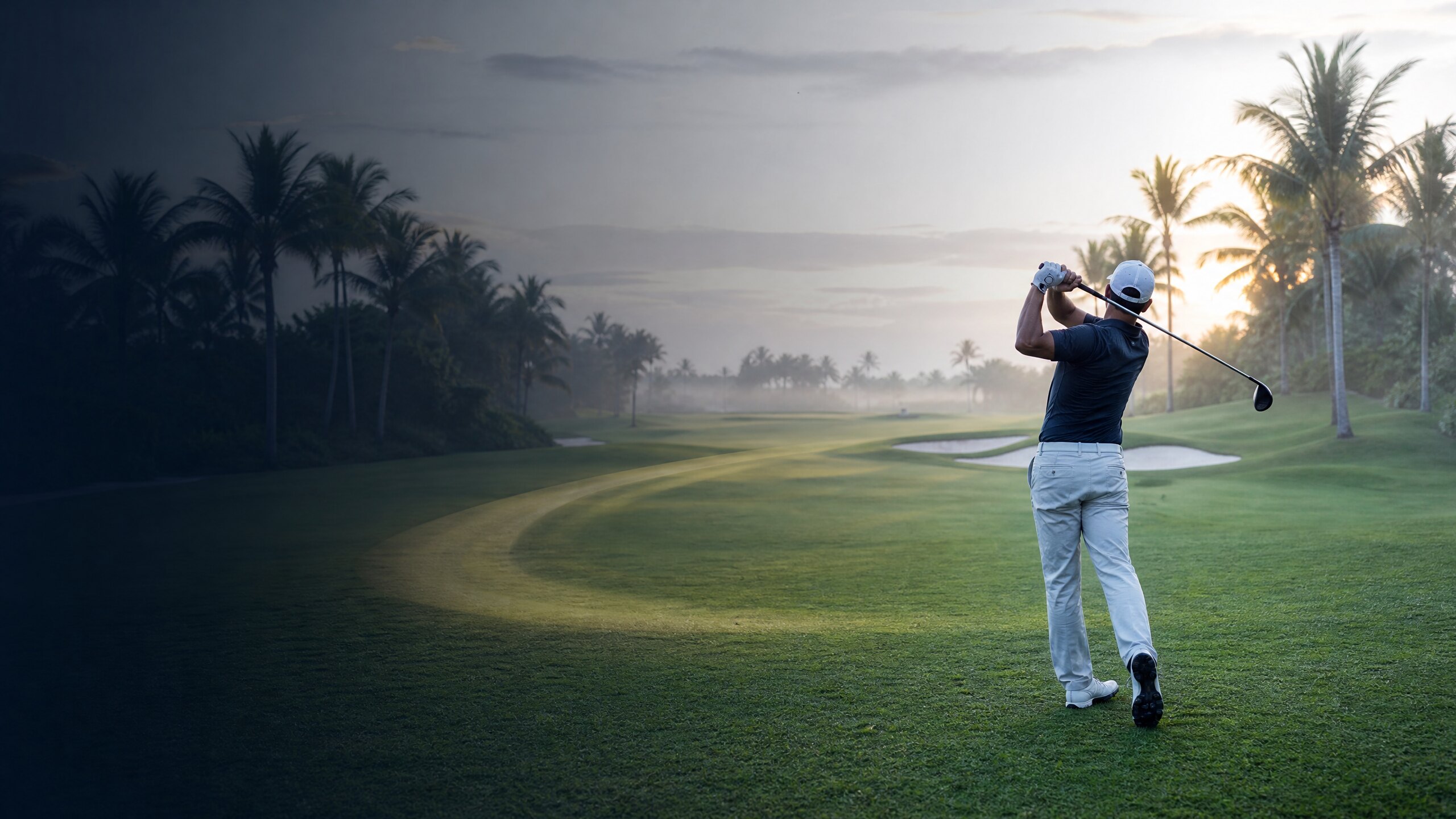 Golfer on a championship course at sunrise